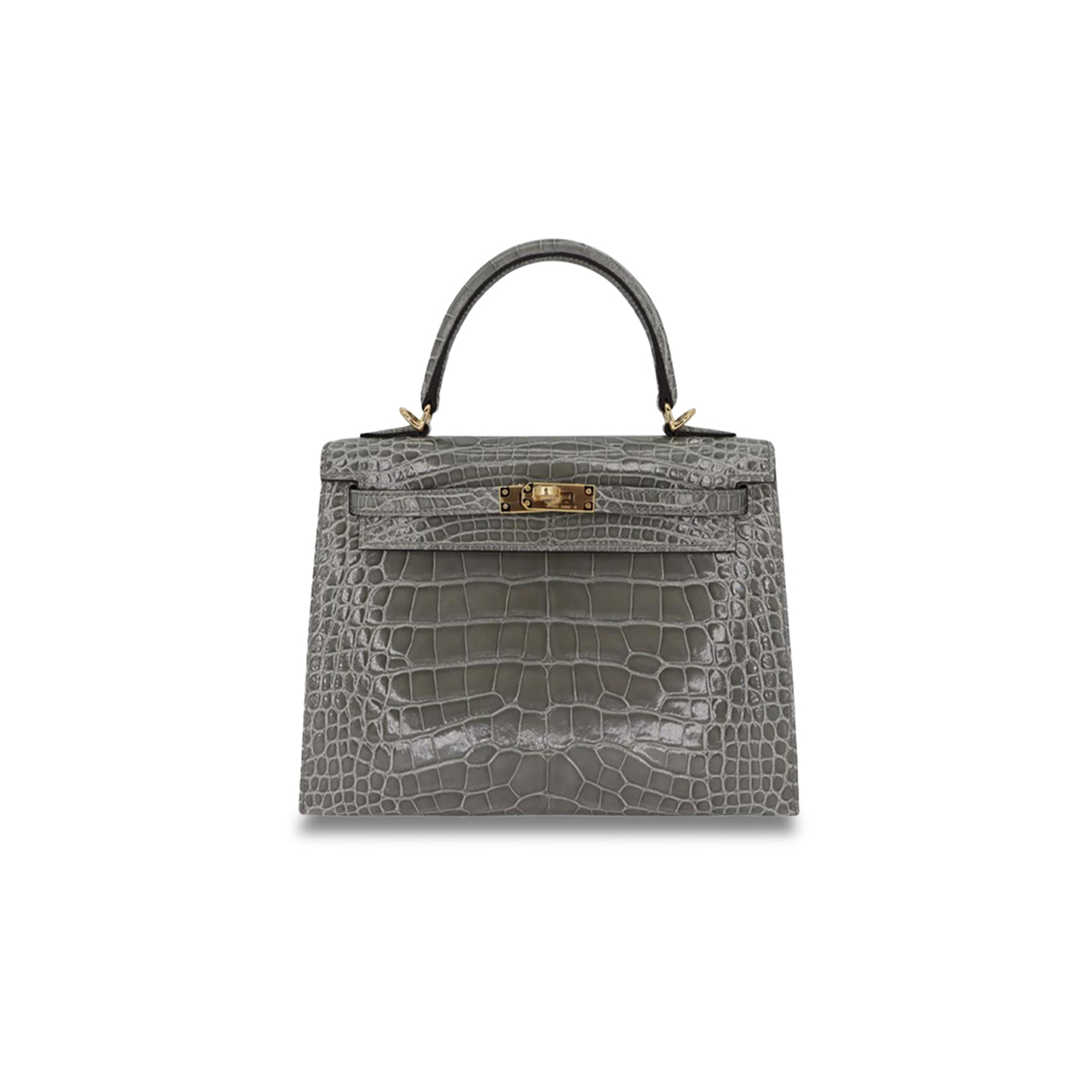 HERMÈS MASTER KELLY 25 SELLIER GRIS CEMENT SHINY ALLIGATOR GOLD HARDWARE (25*17*7cm) 